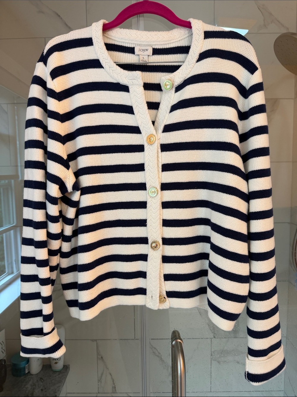 J. Crew Navy and White Striped Crewneck Button Cardigan